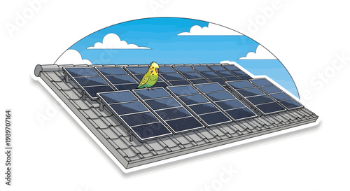 Solar panel with bird on rooftop under blue sky