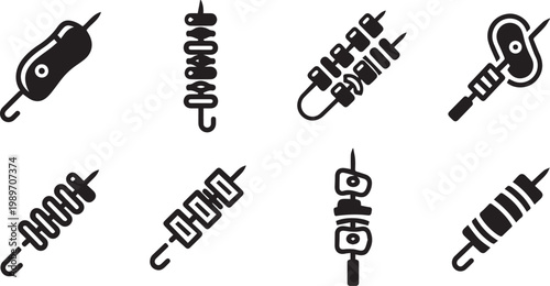 BBQ Grill Kebab Icon Set Meat Shish Kabab Skewer Silhouette