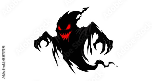 A menacing shadowy figure with glowing red eyes and sharp teeth is depicted