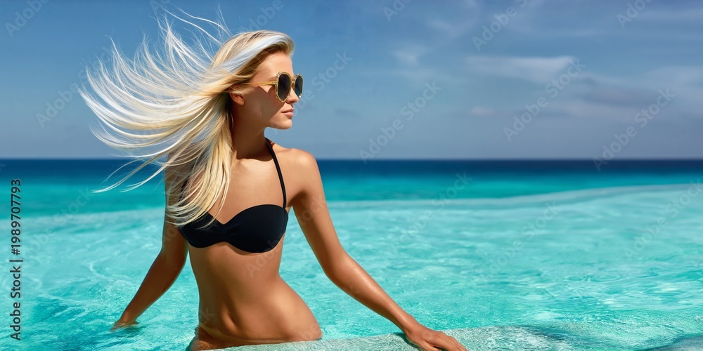 Naklejka premium Blonde Frau im Bikini mit Sonnenbrille am türkisblauen Meer