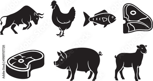 Butcher Shop Meat and Livestock Silhouette Vector Icon Set