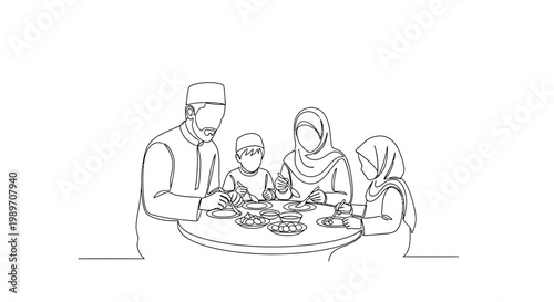 Muslim Family Gathering for Iftar Meal, Ramadan Celebration, Line Art
