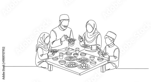 Muslim Family Enjoying Meal Together, Islamic Culture, Line Art Illustration