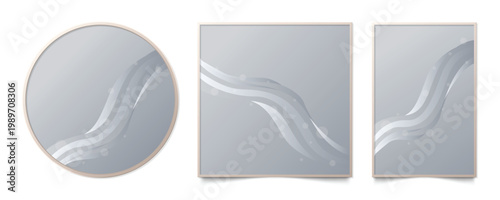 Set of gray frames in circle square and rectangle shapes with silver vacuum rainbow wavy lines for modern abstract digital backgrounds and professional corporate mock ups