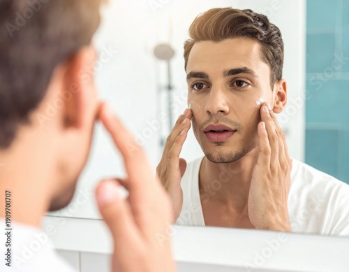Young man applying moisturizing cream on face in bathroom mirror, daily skincare routine, hygiene and grooming, healthy glowing skin care lifestyle