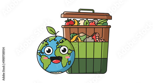 Cartoon globe with smiling face beside recycling bin filled with food waste