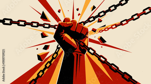 Fist of strength breaking chains in symbol of freedom and revolution