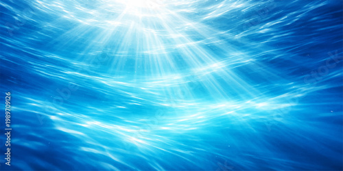 A bright abstract blue background featuring a summer sun burst with glowing light rays and sea water beams in a vector nature illustration design