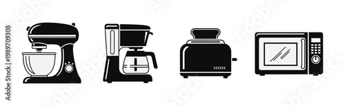 Collection of kitchen appliances including a stand mixer, coffee maker, toaster, and microwave oven presented in a clean, monochrome illustration style