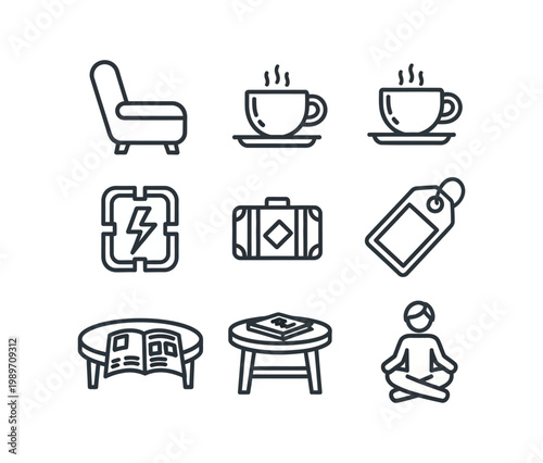 Collection of minimalist icons representing furniture, travel, and relaxation elements