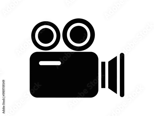 Minimalist black film camera icon graphic representing classic movie production, vintage cinematography, and digital video content creation for media projects