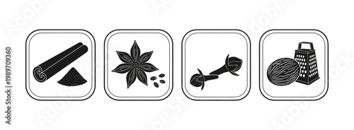 A monochromatic array of essential kitchen spices, featuring cinnamon, star anise, cloves, and nutmeg, presented as detailed line art illustrations
