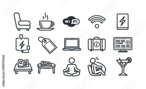 Collection of vector icons depicting modern lifestyle elements, including technology, comfort, and leisure activities