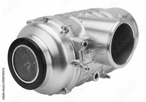 A close-up view of a shiny metallic exhaust manifold with a heat shield.