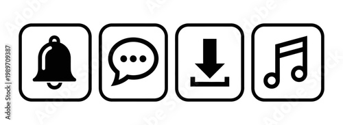 Essential vector icons for modern digital interfaces, representing notifications, messaging, file downloads, and audio content playback functionality for various applications