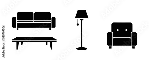 Minimalist black silhouette vector icons of essential living room furniture sofa, coffee table, floor lamp, and armchair. Ideal for modern interior design and home decor visuals