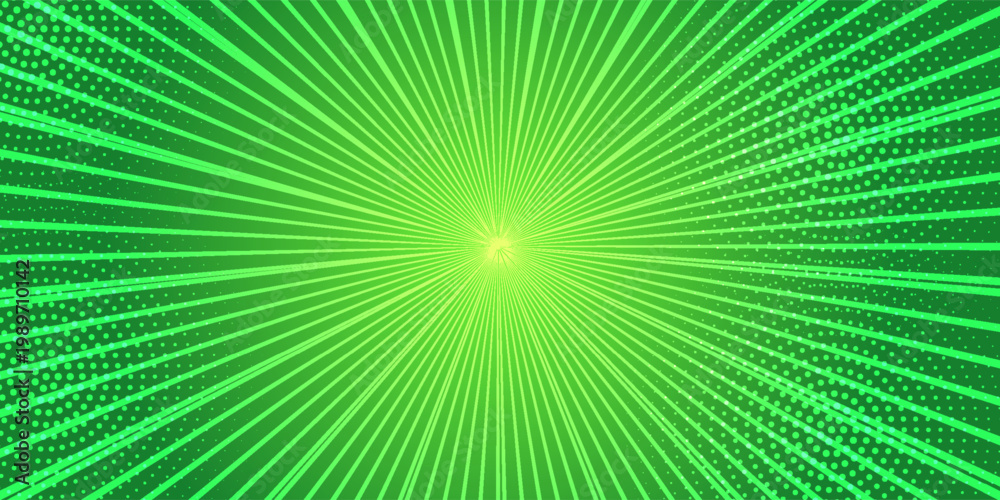 Obraz premium Energetic abstract comic book background featuring a vibrant lime green sunburst with a glowing central focus and dynamic halftone dot patterns.
