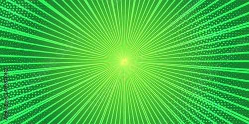 Energetic abstract comic book background featuring a vibrant lime green sunburst with a glowing central focus and dynamic halftone dot patterns.