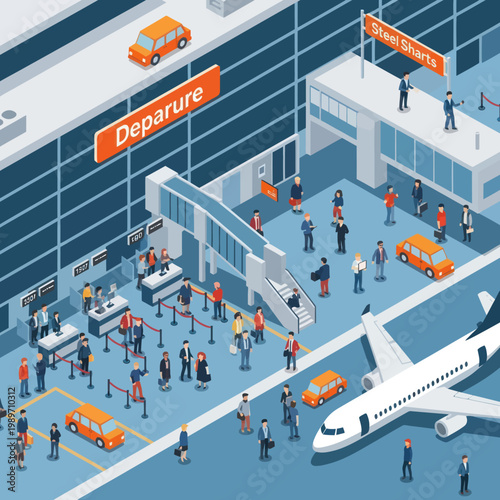 Airport Departure Gate with Airplane and Passengers.