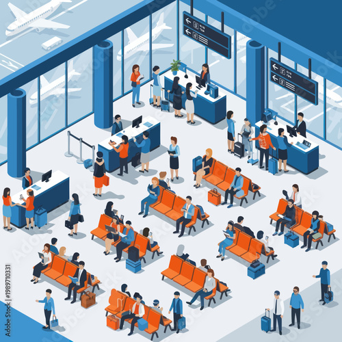 Airport Departure Lounge with Travelers Waiting for Flights.