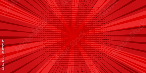 Energetic abstract comic book background featuring a vibrant red sunburst with a central halftone dot pattern and dynamic speed lines.