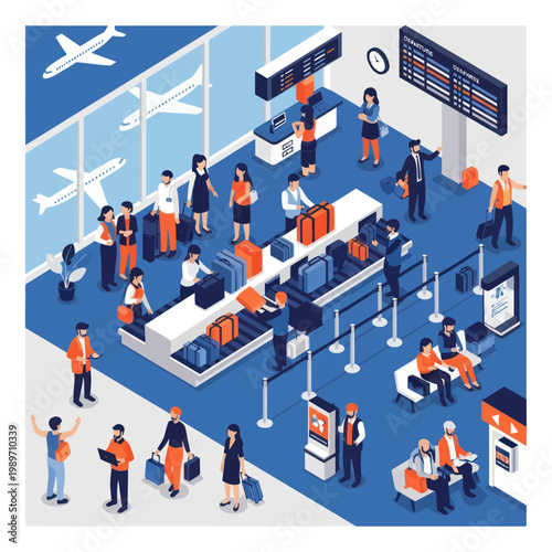 Airport passengers and luggage at check-in counter and baggage claim.