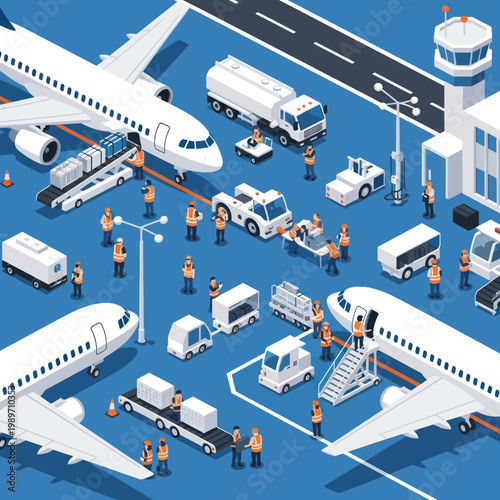 Airport Ground Operations with Airplanes and Service Vehicles.