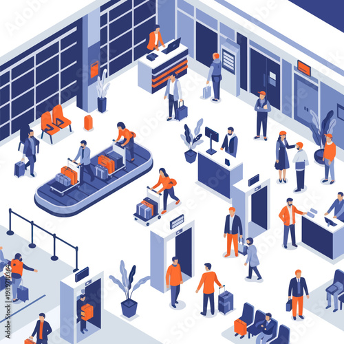 Airport security check with passengers and baggage screening.