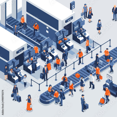 Airport Security Checkpoint with Passengers and Conveyor Belts.