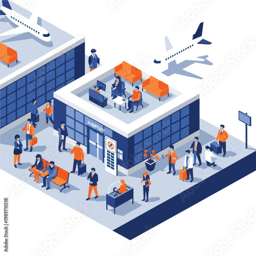 Isometric Airport Terminal with People and Airplanes.