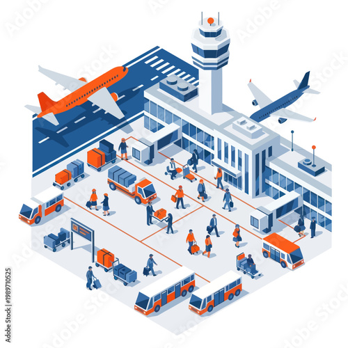 Isometric Airport Terminal with Airplanes and Passengers.
