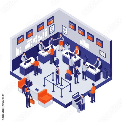 Isometric view of a busy airport check-in counter with travelers and staff.