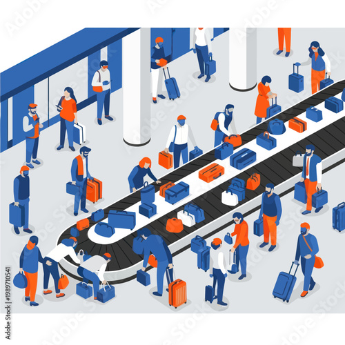Isometric illustration of people collecting luggage from a conveyor belt at an airport.