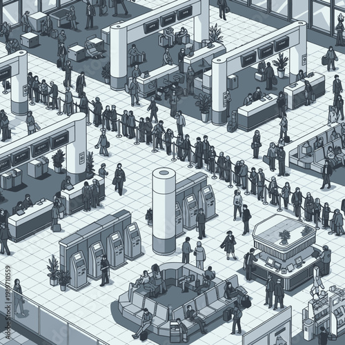 Isometric view of a busy airport security checkpoint with long queues of travelers.