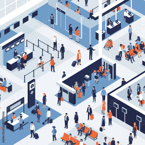 Isometric view of busy airport terminal with diverse travelers and staff.