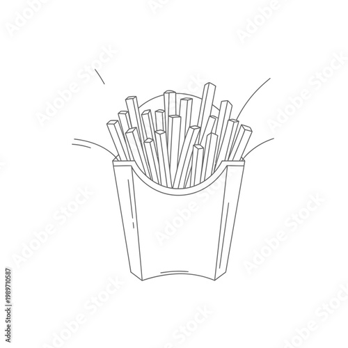 Crispy French Fries in Paper Carton Outline Vector Icon. Delicious Fried Potato Fast Food Snack Line Art Drawing