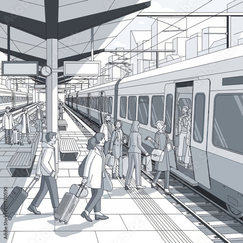 Φωτογραφία People boarding and disembarking a train at a station platform.