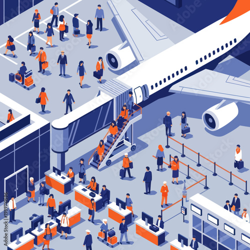 People boarding an airplane at an airport terminal.