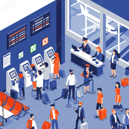 People checking in at airport self-service kiosks and airline counters.