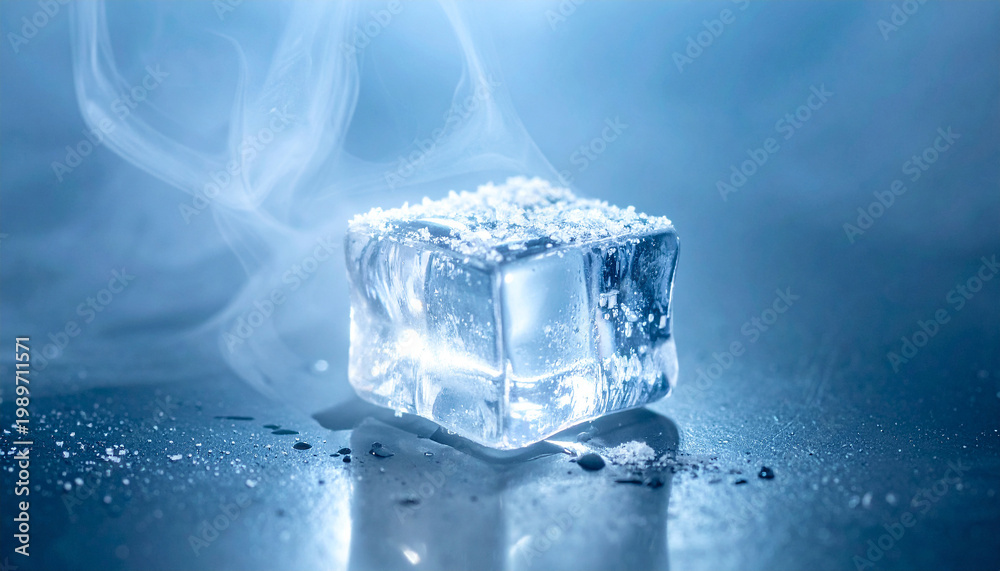 Obraz premium Ephemeral Frost: An evocative visual of a single, glistening ice cube, radiating a captivating ethereal mist, inviting contemplation of the fleeting nature of existence.