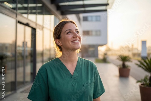 Doctor's Day
Young nurse smiling outside hospital entrance in green scrubs  