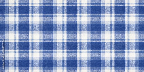 Seamless blue and white checkered gingham plaid fabric texture with a cotton textile pattern design for a tablecloth or wallpaper backdrop