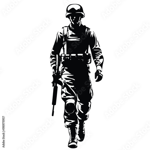 Courageous Male Soldier in Full Military Attire and Helmet Holding a Weapon Ready for Action