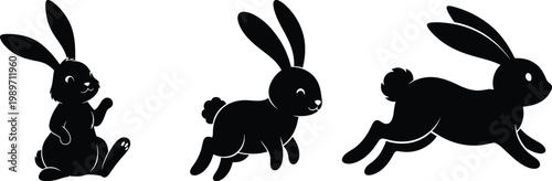Three black rabbit silhouettes isolated on transparent background