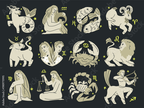 Zodiac signs hand drawn monochrome vector set isolated on black background