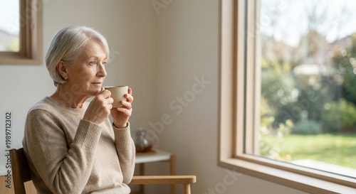 Senior woman drinking tea by the window. Cozy home atmosphere, relaxation, wellness, calm lifestyle and peaceful moment indoors.