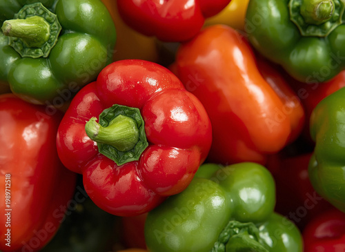 red and green peppers. Close up of red and green bell peppers. Colorful background.