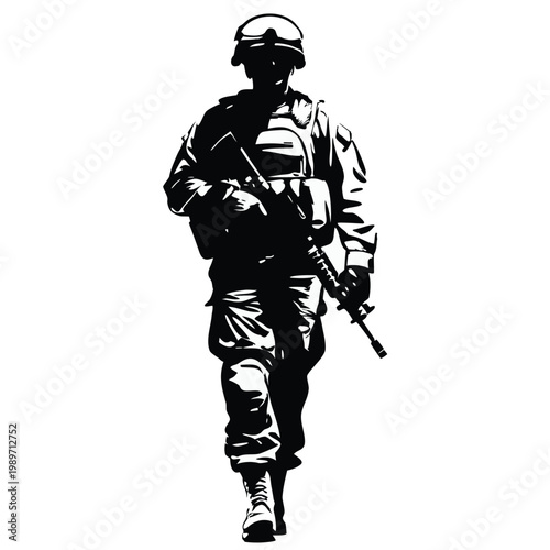 Dedicated armed forces soldier marching forward in full combat uniform silhouette