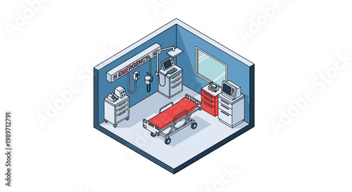 Isometric view of a modern hospital operating room with medical equipment.