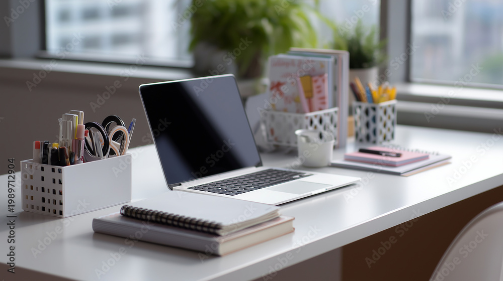 Fototapeta premium A balanced workspace with decor and functionality.
